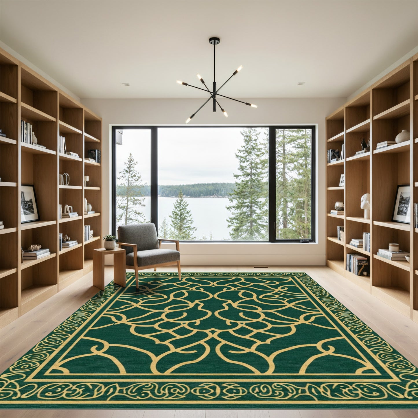 Deep Emerald Golden Interlocking Scroll Rug