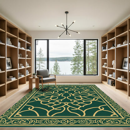 Deep Emerald Golden Interlocking Scroll Rug
