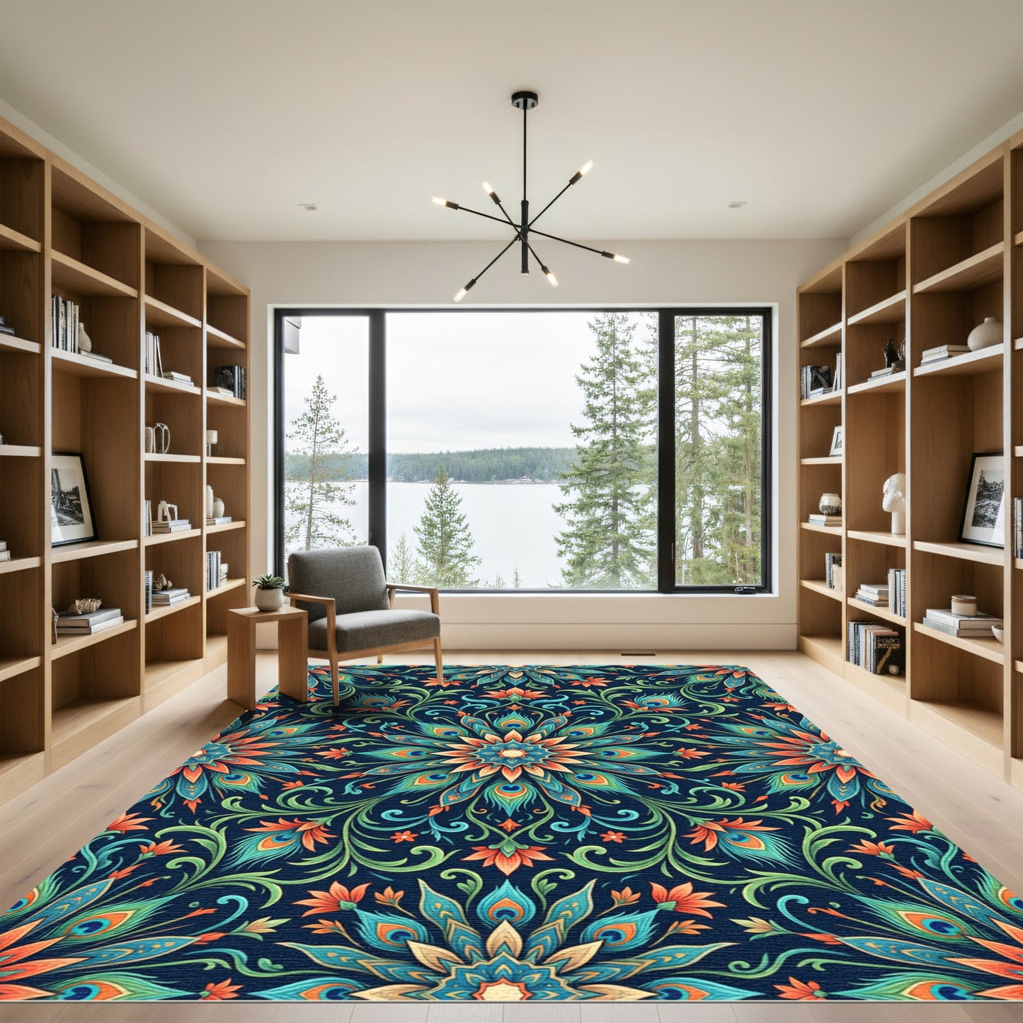Vibrant Peacock Feather Mandala Pattern Rug
