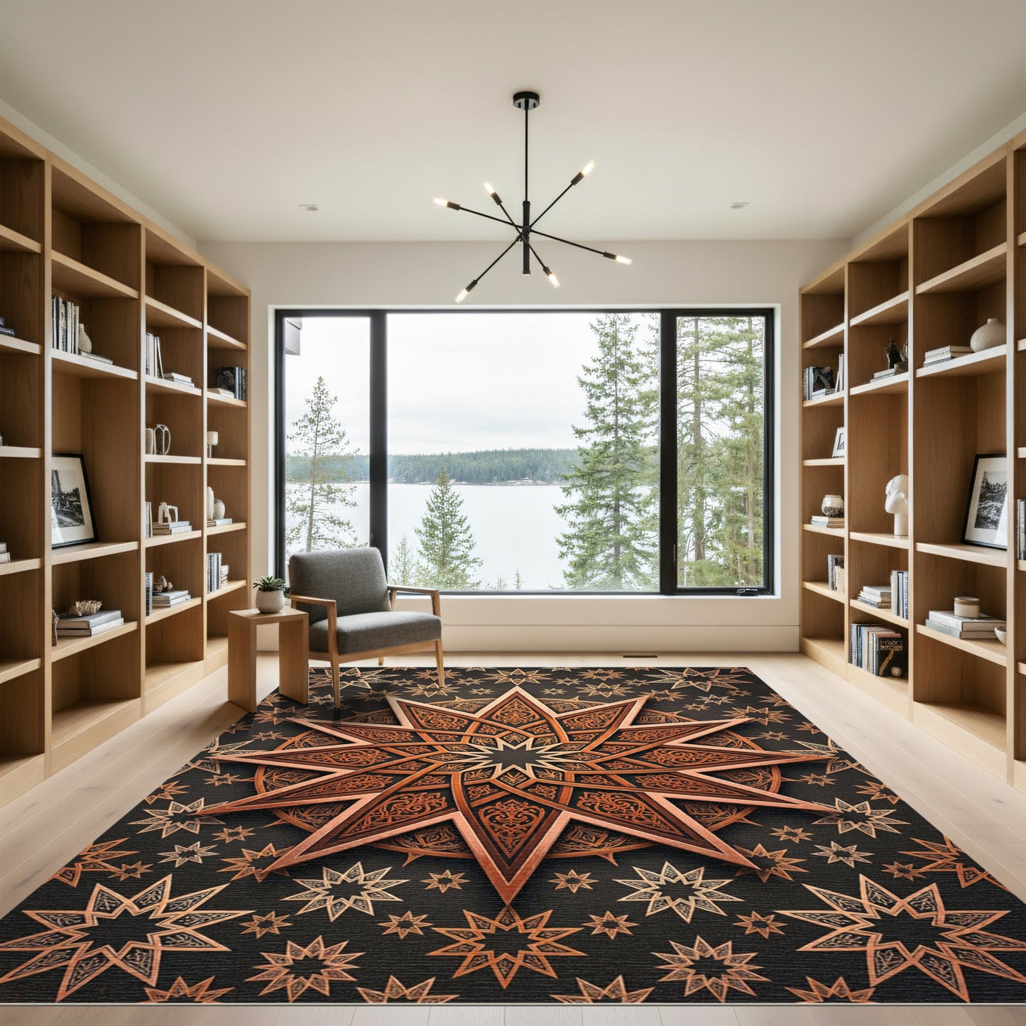 Ornate Bronze Celestial Geometric Star Rug