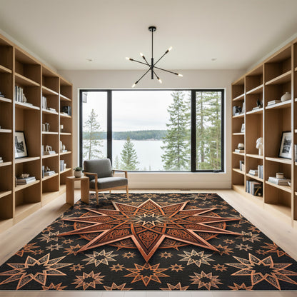 Ornate Bronze Celestial Geometric Star Rug