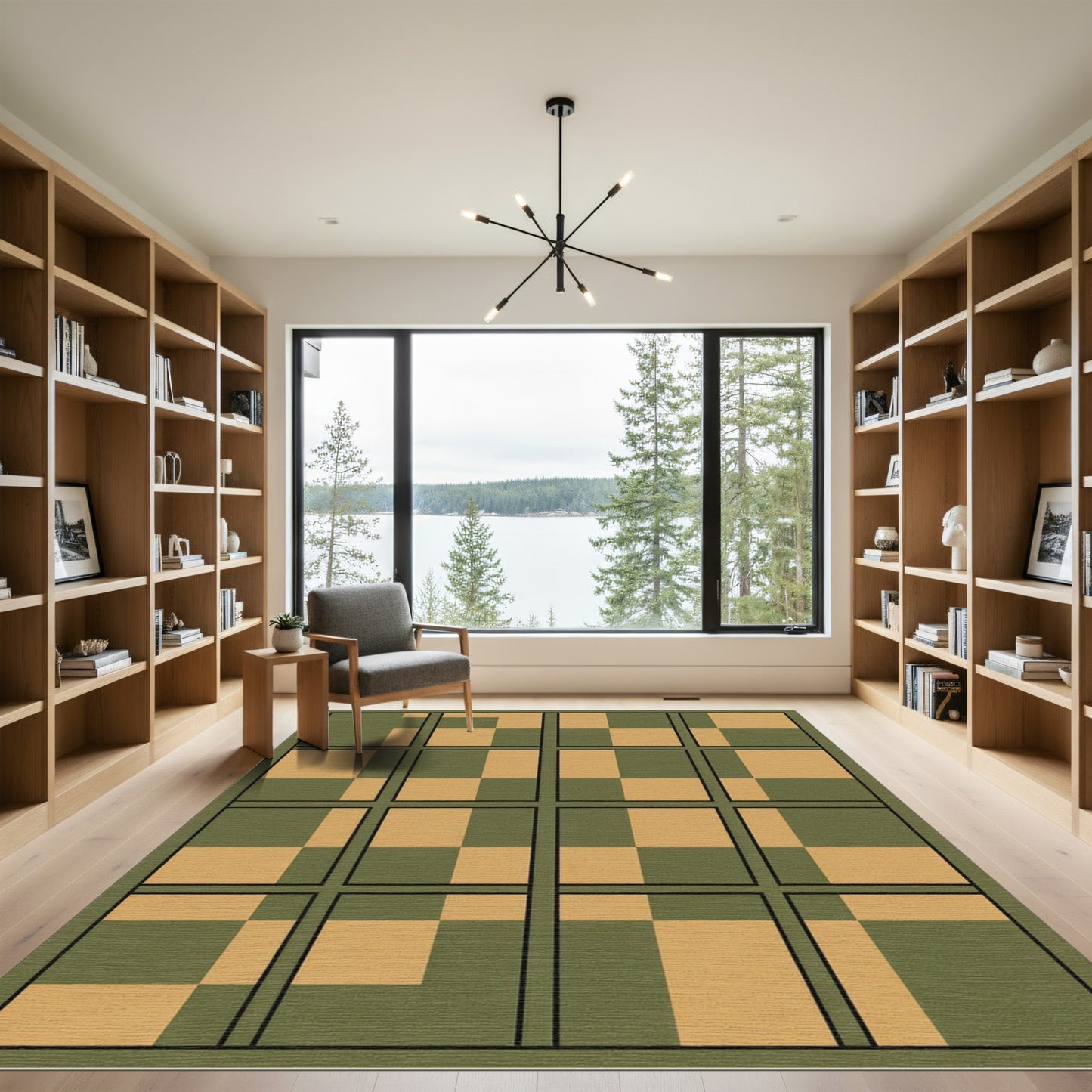 Olive Green Tan Quadrant Composition Rug