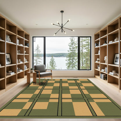 Olive Green Tan Quadrant Composition Rug