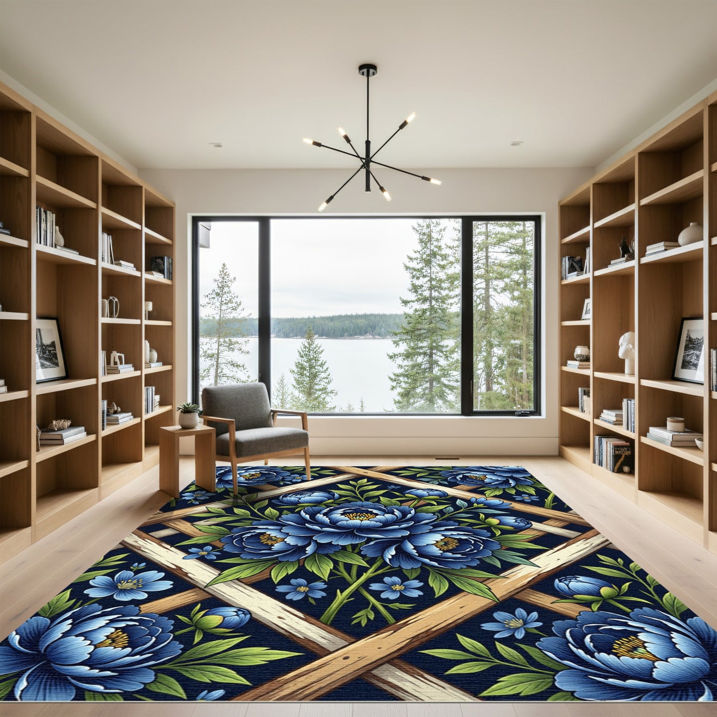 Deep Blue Floral Lattice Garden Rug