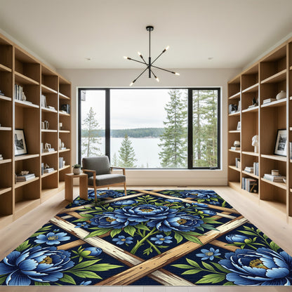 Deep Blue Floral Lattice Garden Rug