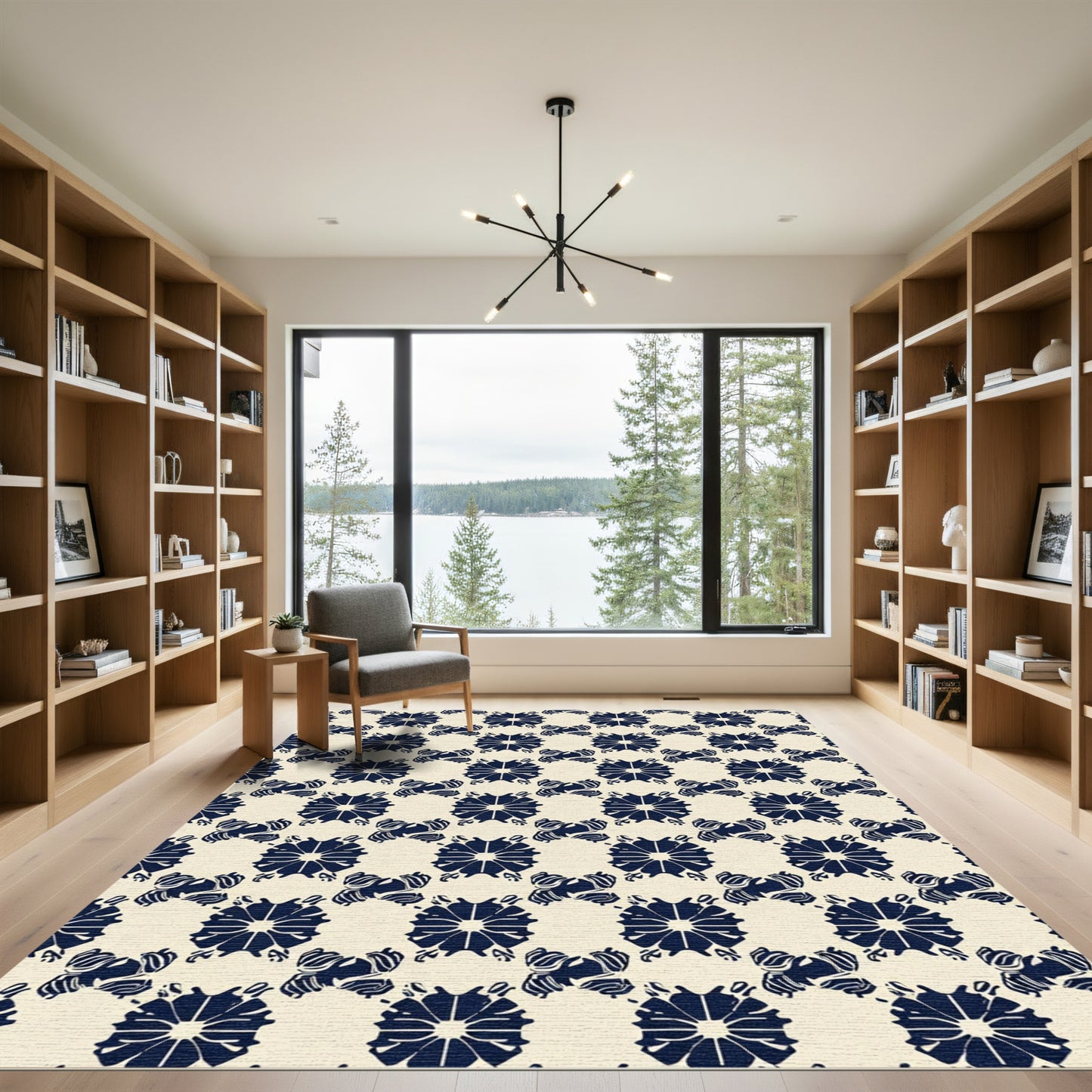 Navy White Floral Medallion Repeat Rug