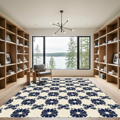 Navy White Floral Medallion Repeat Rug