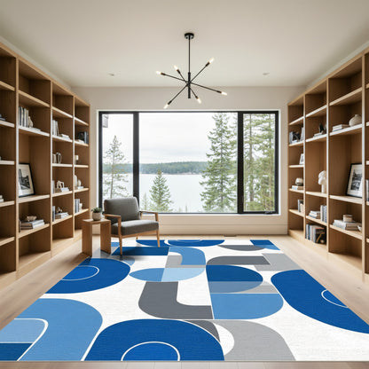 Modern Blue Geometric Abstract Curve Rug
