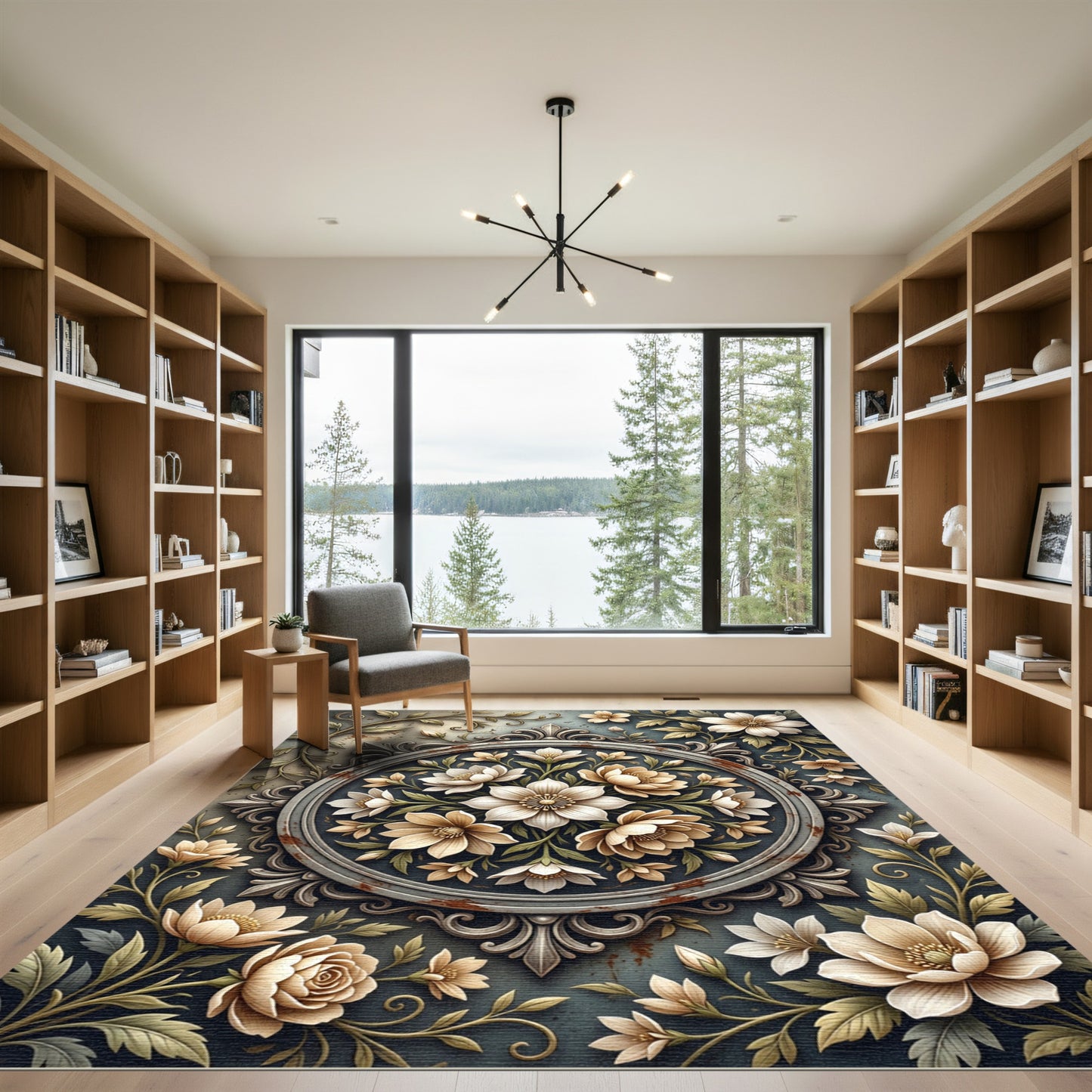 Cream Floral Medallion Scrollwork Rug