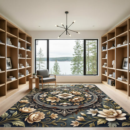 Cream Floral Medallion Scrollwork Rug