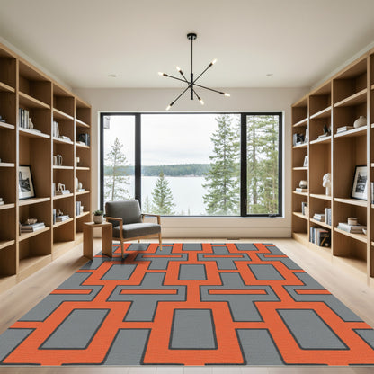 Bold Orange And Gray Geometric Grid Rug