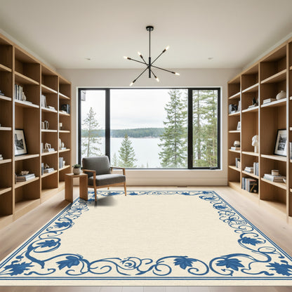 Deep Blue Floral Vine Border Rug
