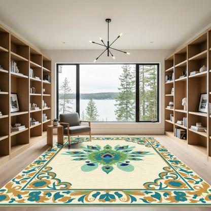 Emerald Peacock Feather Motif Rug
