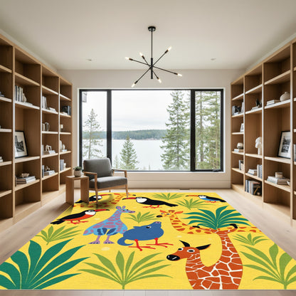 Golden Yellow Jungle Animals Toucan Giraffe Rug