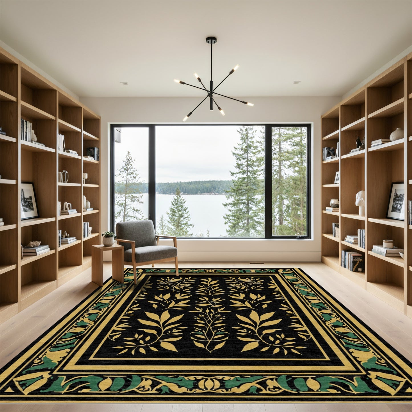 Black Gold Green Leaf Border Rug