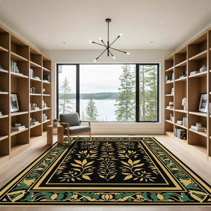Black Gold Green Leaf Border Rug