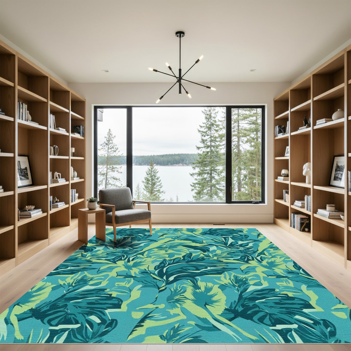 Teal And Green Tropical Foliage Rug