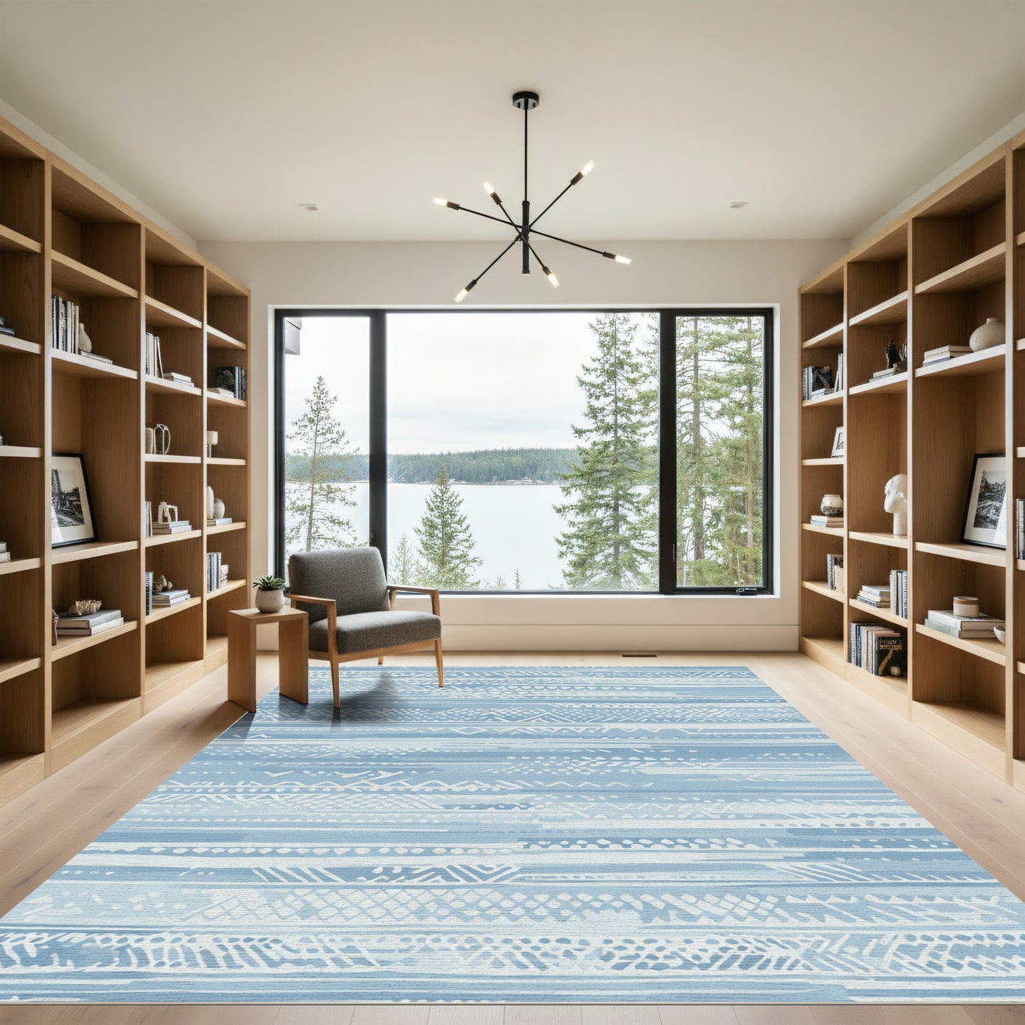 Soft Blue Textured Horizontal Stripes Rug