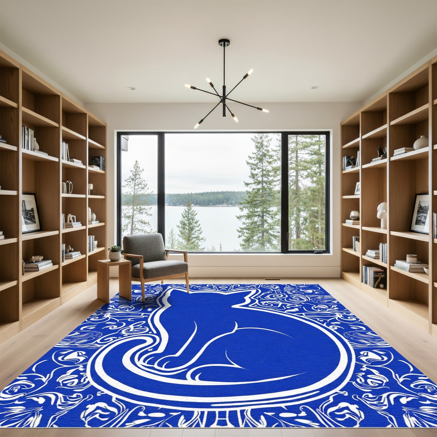 Blue White Siamese Cat Silhouette Intricate Border Rug