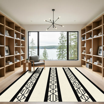 Cream Black Vertical Geometric Lines Rug