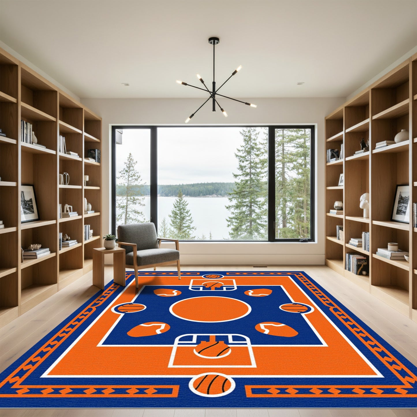 Orange Blue Basketball Court Geometric Rug