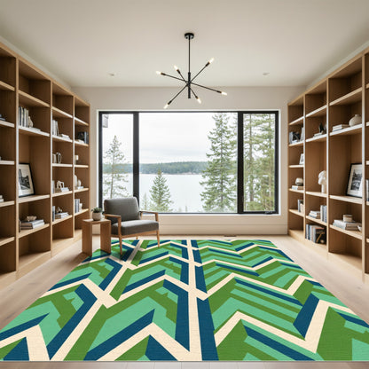 Green Blue Cream Geometric Chevron Rug