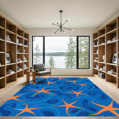 Orange Starfish With Blue Swirls Rug