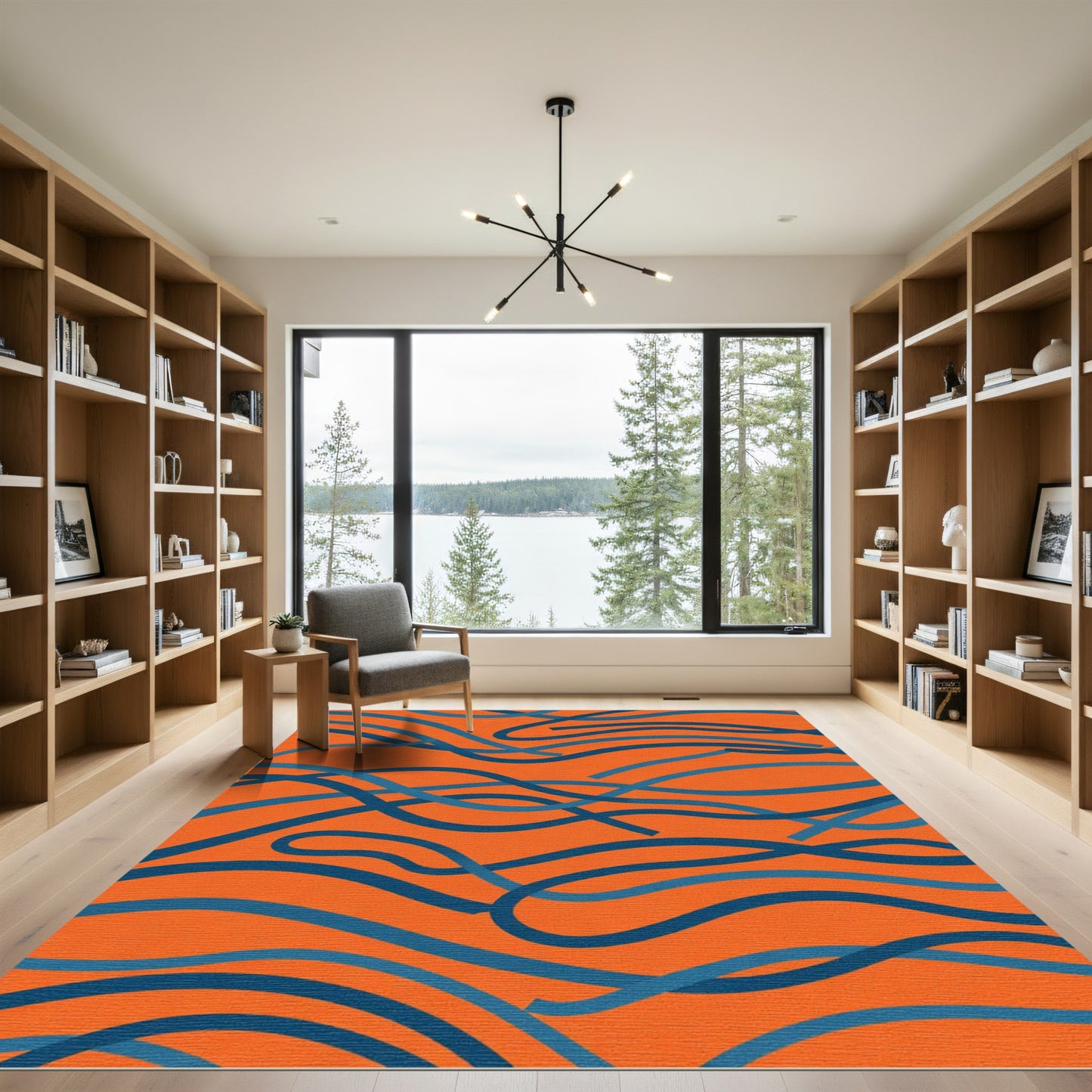 Orange Blue Wavy Ribbon Abstract Rug