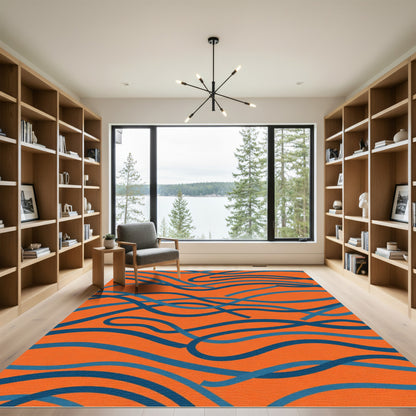 Orange Blue Wavy Ribbon Abstract Rug