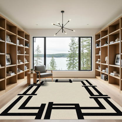 Minimalist Black Cream Geometric Frame Rug