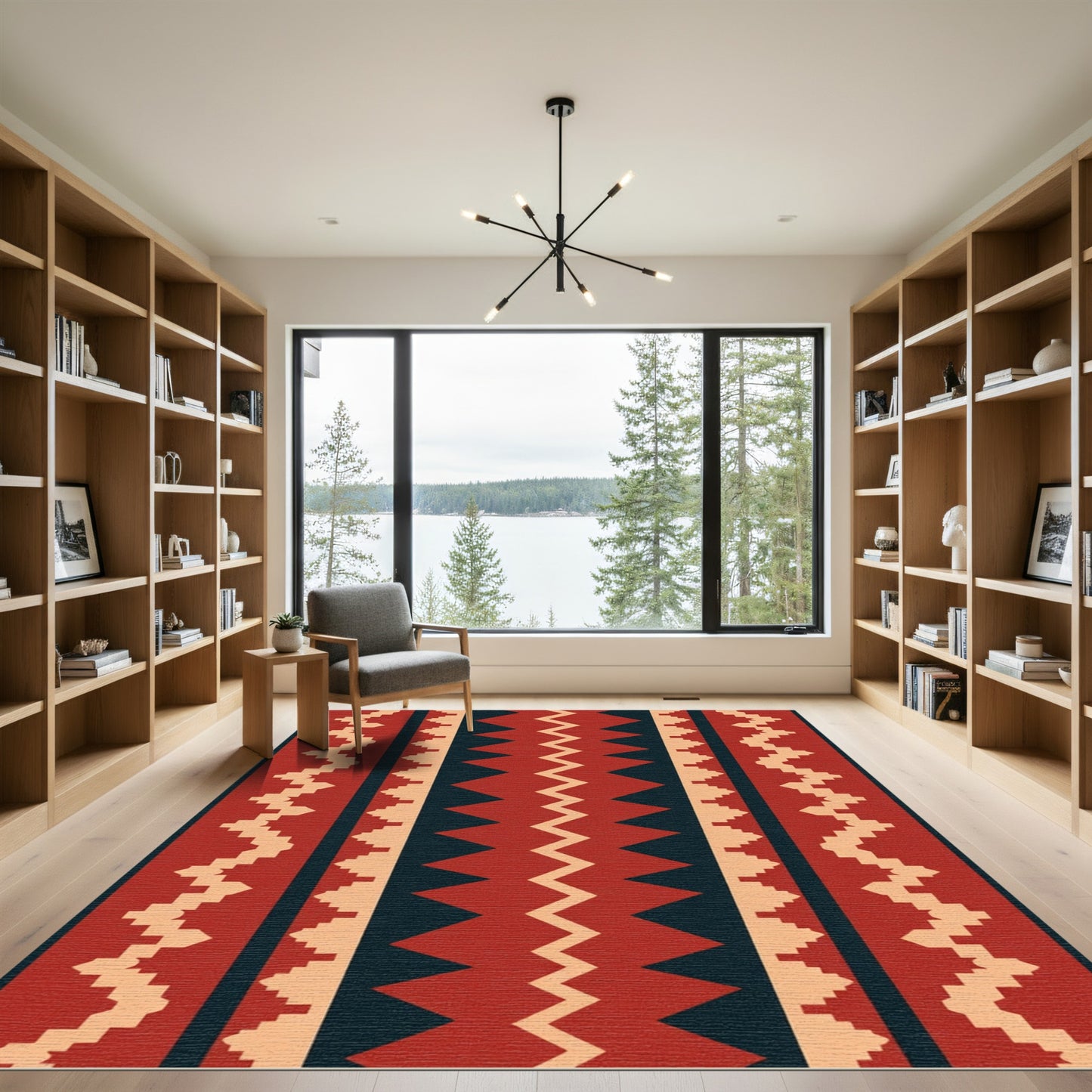 Deep Red Chevron Geometric Stripe Rug