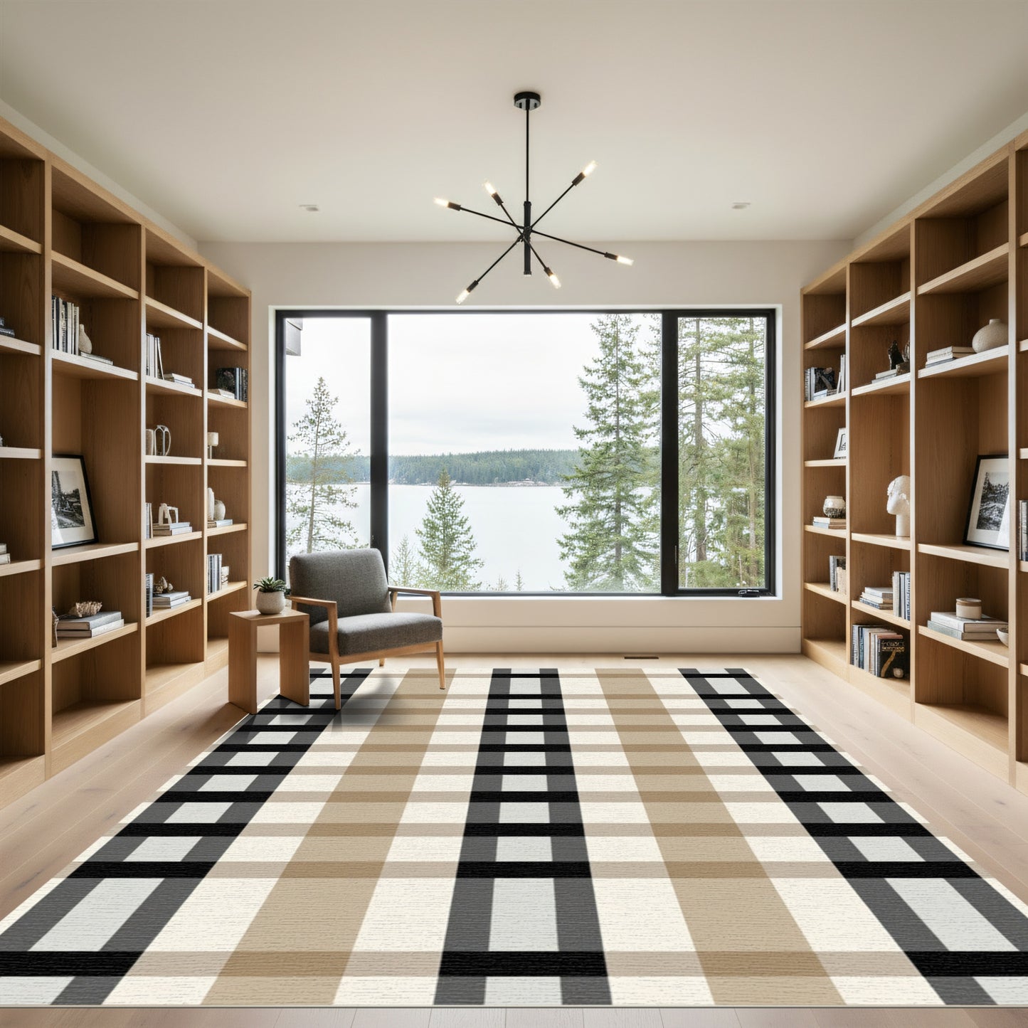 Neutral Plaid Checkered Grid Rug