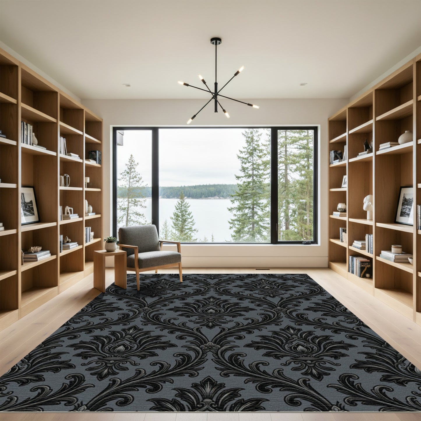 Sophisticated Charcoal Damask Scroll Filigree Rug