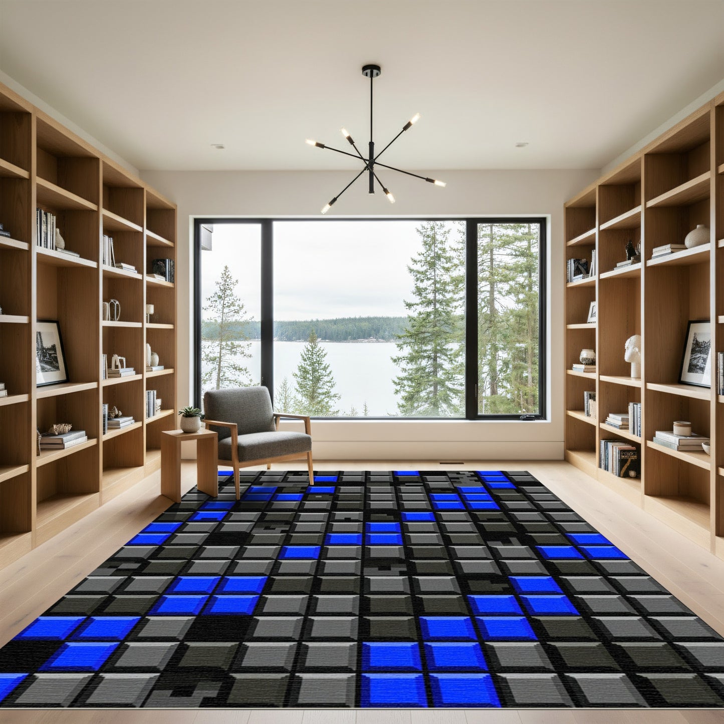 Modern Blue Grey Geometric Block Grid Rug
