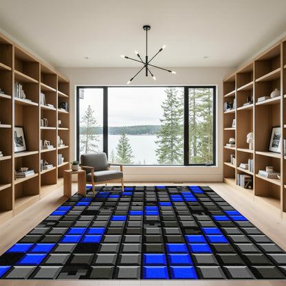 Modern Blue Grey Geometric Block Grid Rug