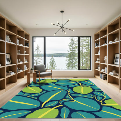 Deep Teal Leafy Vine Abstract Rug