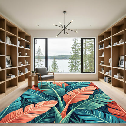 Vibrant Teal and Coral Tropical Leaf Rug