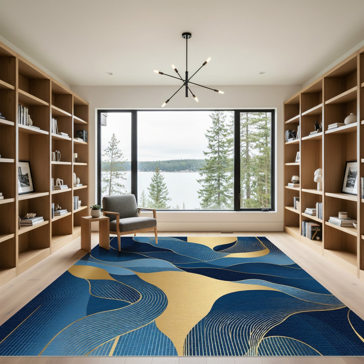 Deep Blue Golden Wave Curves Rug