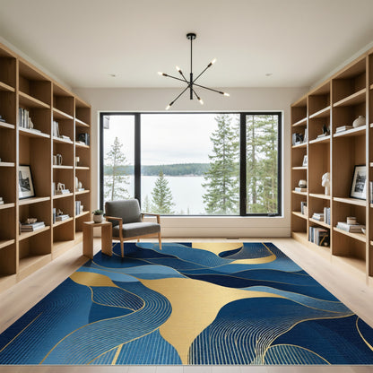 Deep Blue Golden Wave Curves Rug