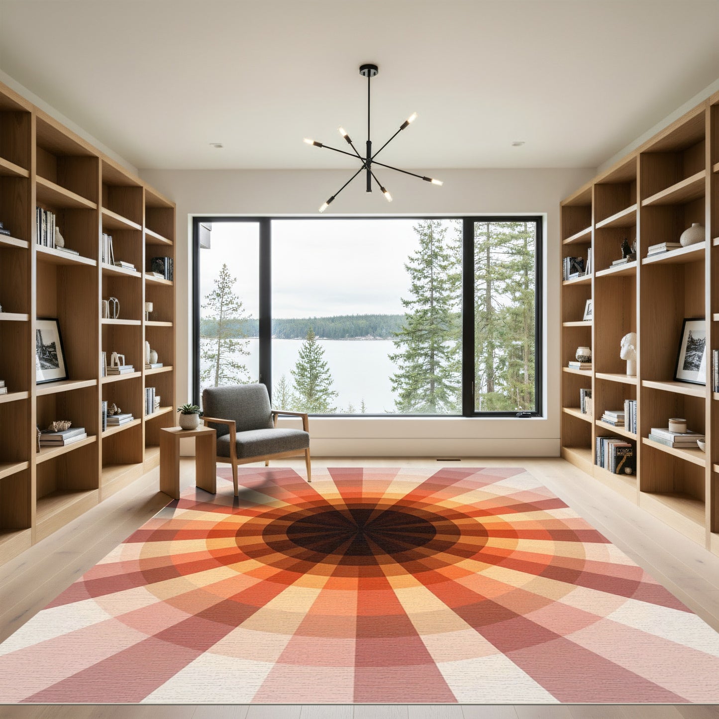 Crimson Orange Radial Sunburst Rug