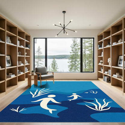 Blue Underwater Scene Mermaid Folk Art Rug