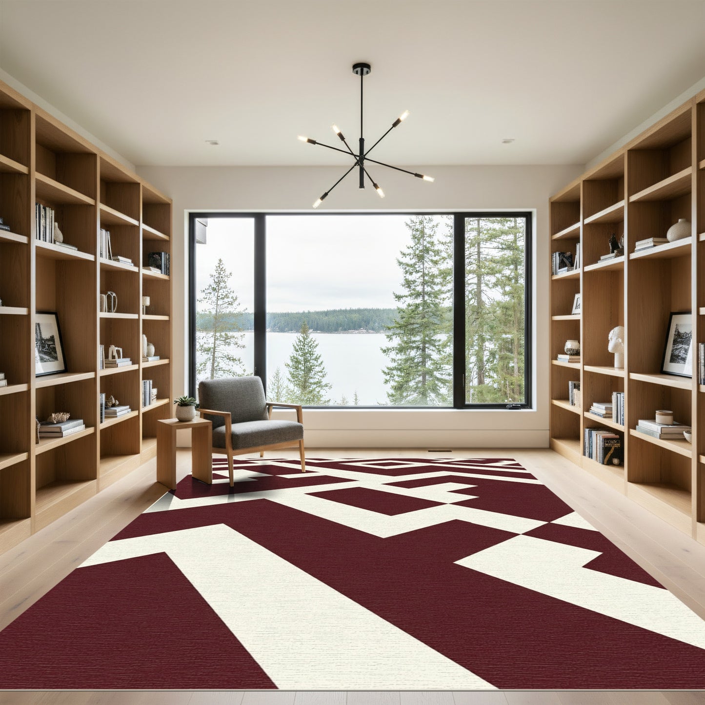 Deep Red Cream Geometric Maze Rug