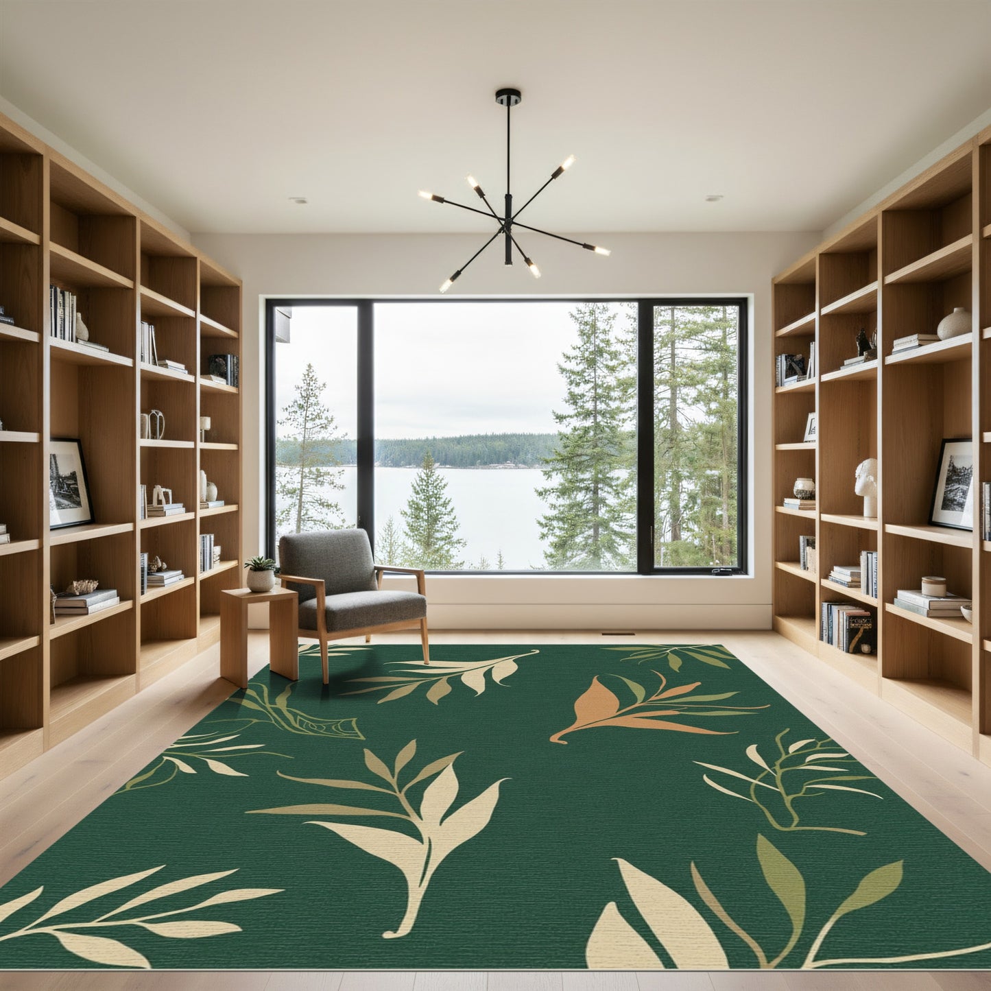 Deep Green Botanical Leaf Sprigs Rug