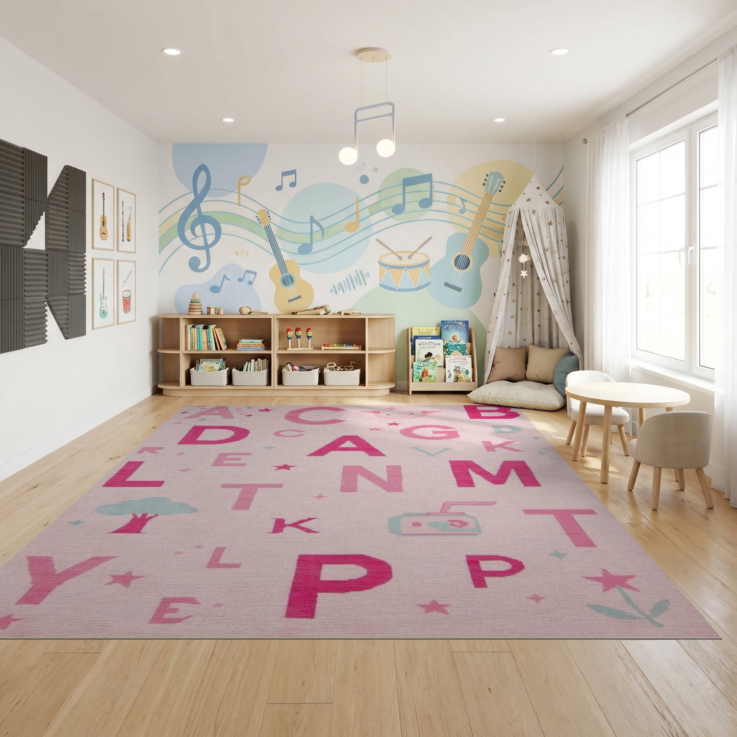 Playful Pink Alphabet Pig Stars Rug
