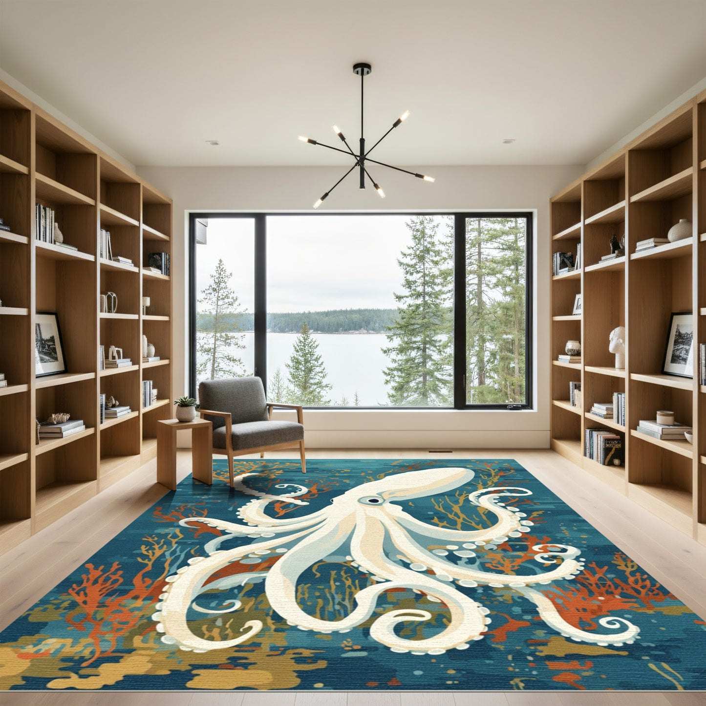 White Octopus Coral Reef Scene Rug