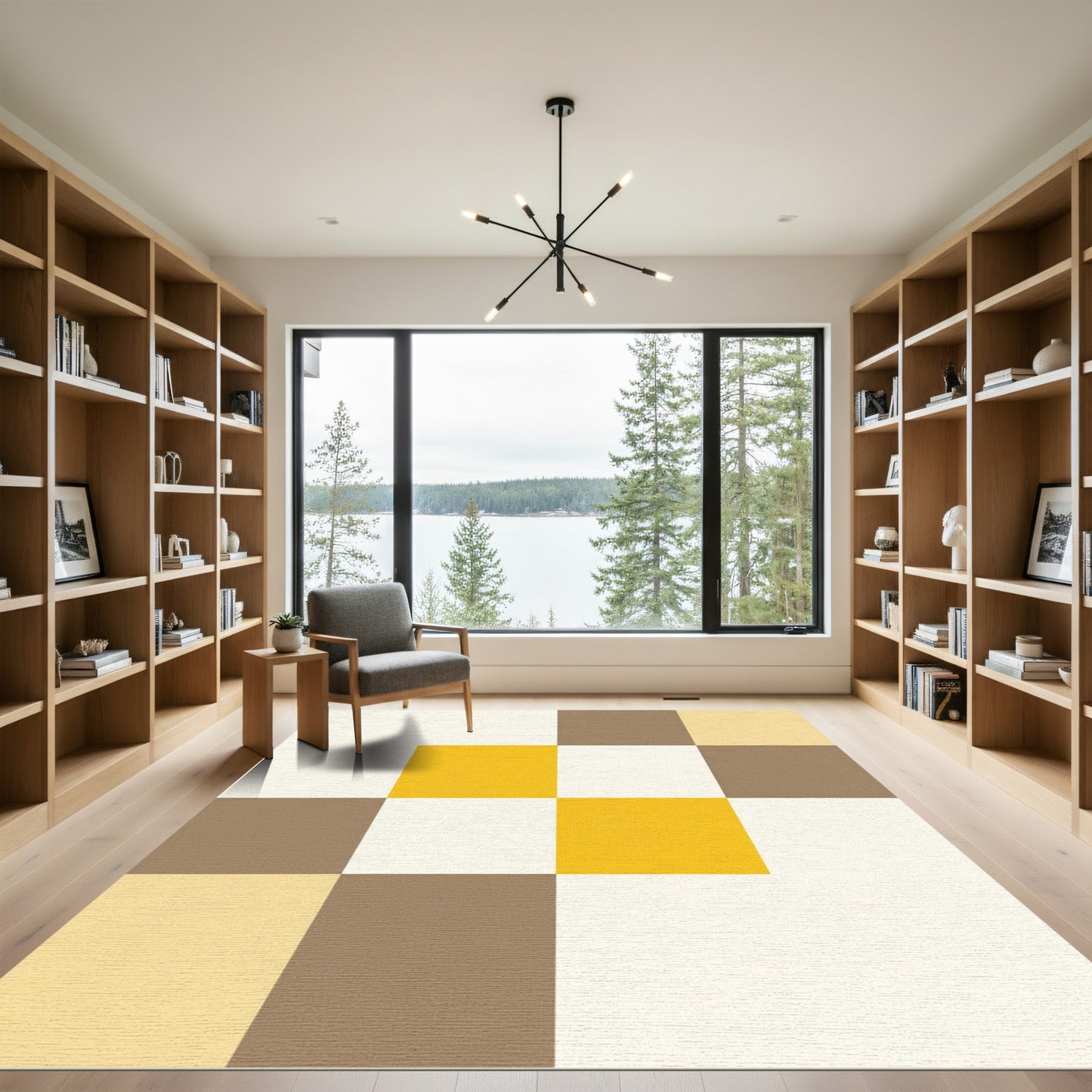 Modern Yellow Brown Geometric Squares Rug