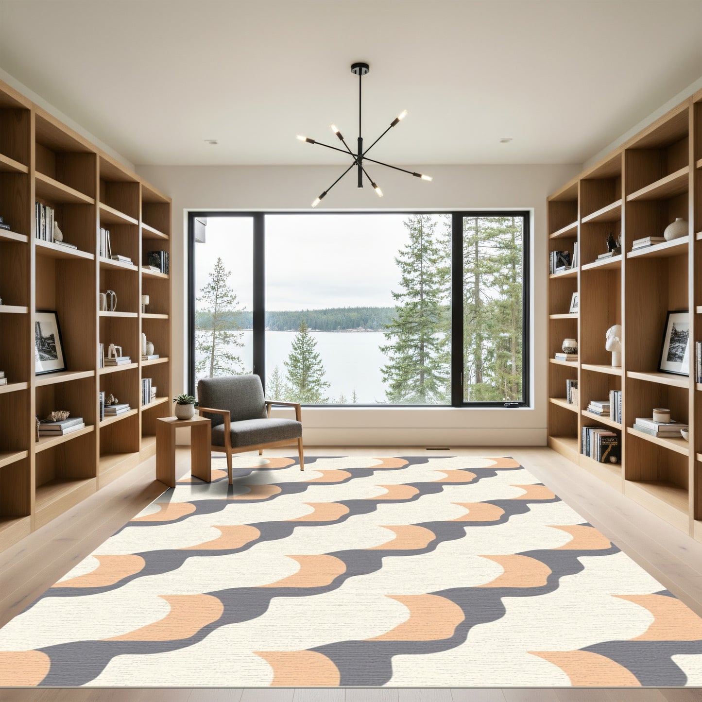 Cream Coral Gray Wave Geometric Rug