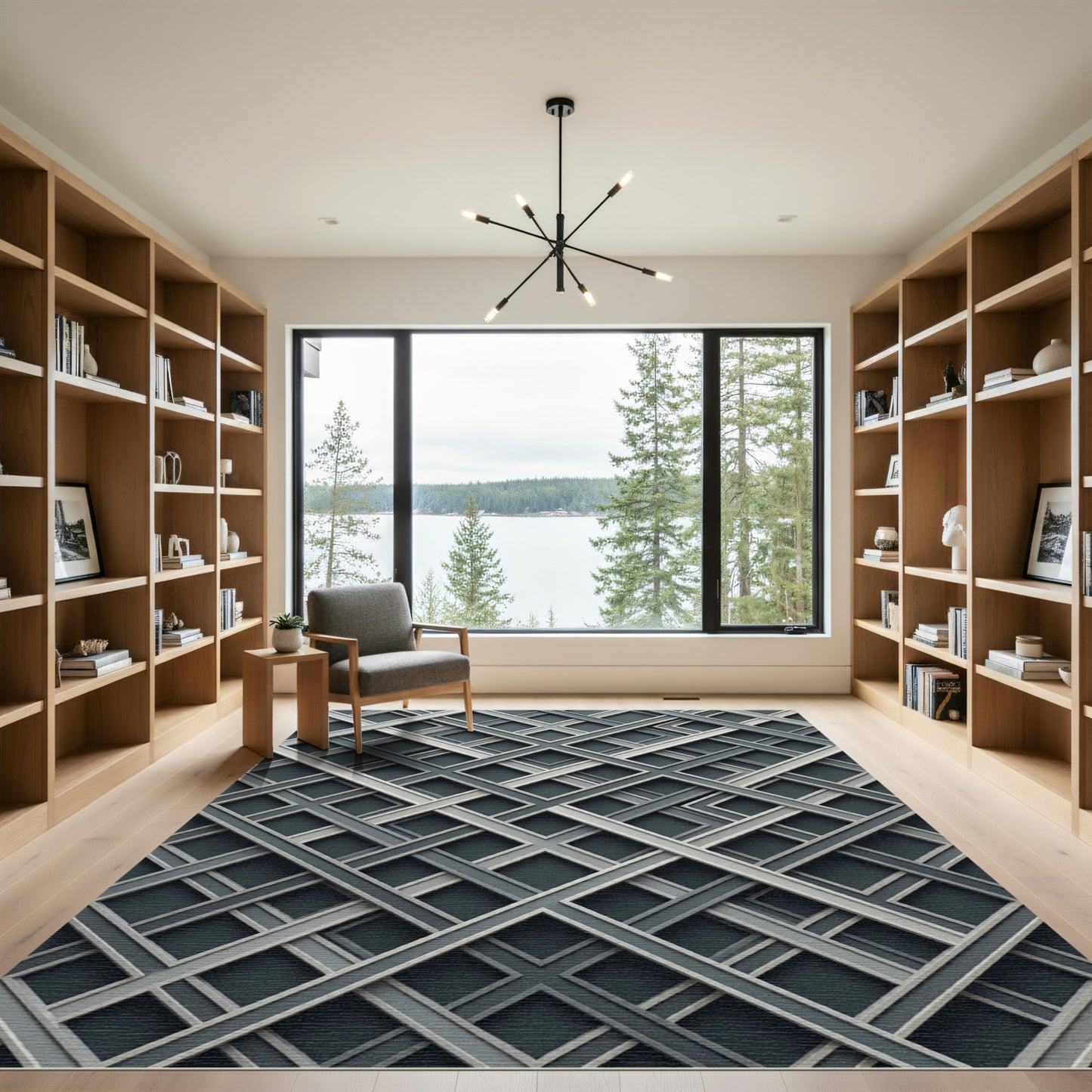 Monochrome Geometric Interwoven Grid Layered Art Rug
