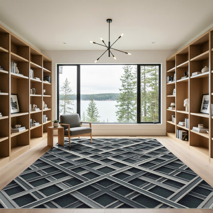 Monochrome Geometric Interwoven Grid Layered Art Rug