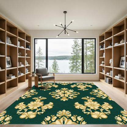 Golden Floral Medallion Emerald Damask Rug